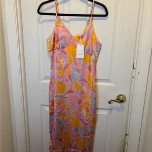 Floral Midi Dress in Pink and Orange Adjustable Straps